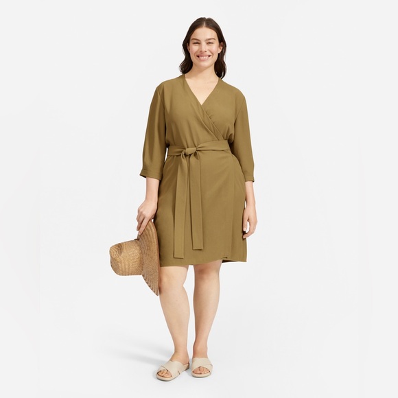 Everlane Tan Green Tie Waist Mid Sleeve Wrap Dress size 4 - Picture 1 of 9